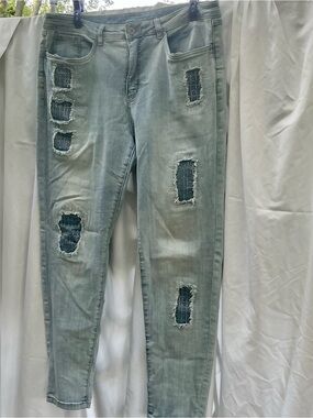 Joseph Ribkoff Light Blue Distressed Skinny Jeans with Patch Details